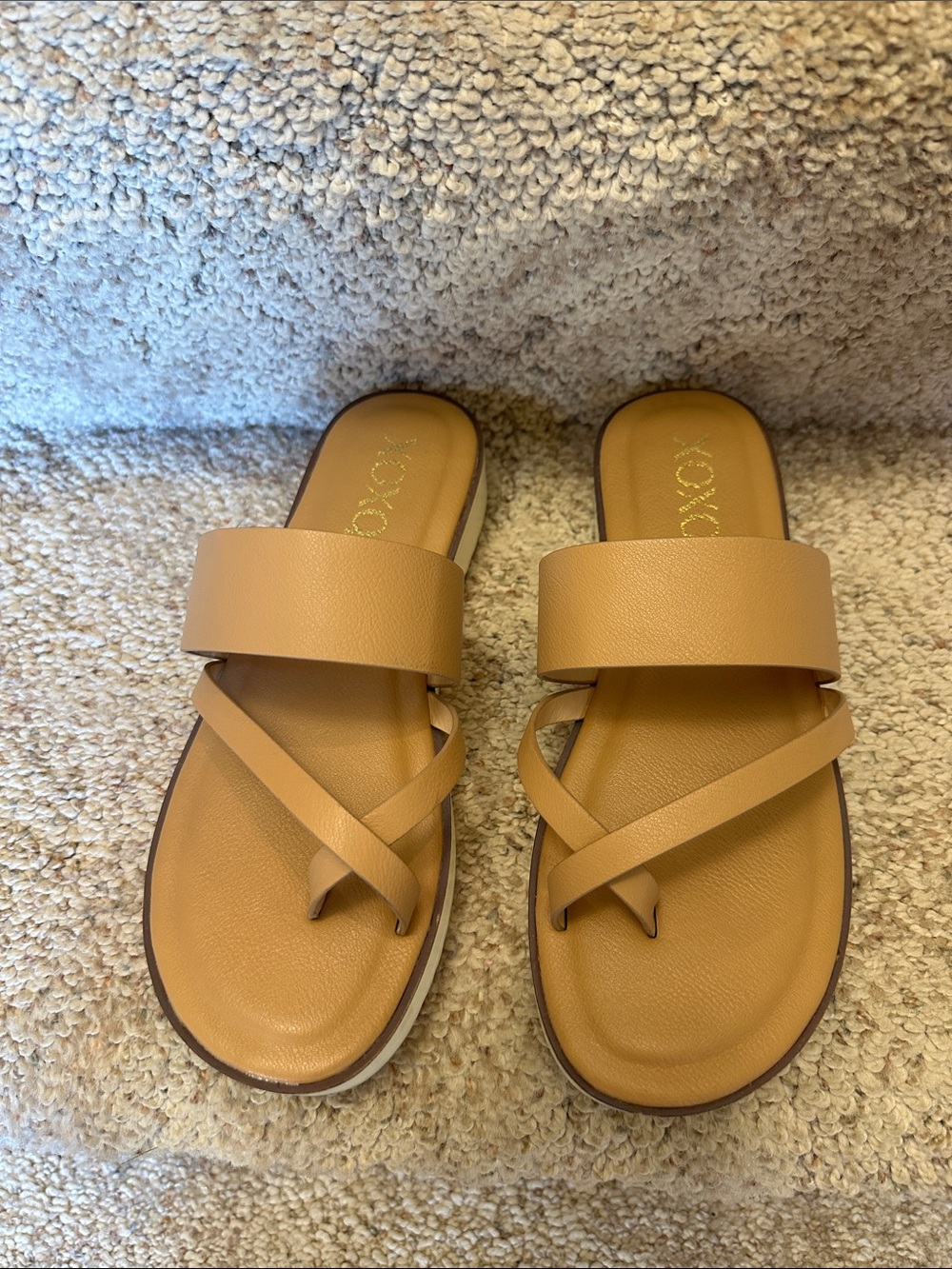 XOXO Tan Strappy Slide Sandals